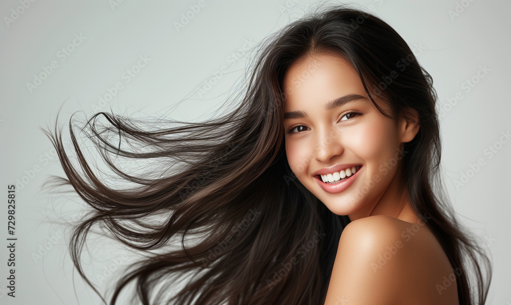 Portrait of a beautiful woman with a bright smile, hair is a beautiful black color, shampoo advertising concept Hair conditioner and cosmetic products,Generative AI Portrait of a beautiful woman with a bright smile, hair is a beautiful black color, shampoo advertising concept Hair conditioner and cosmetic products,Generative AI