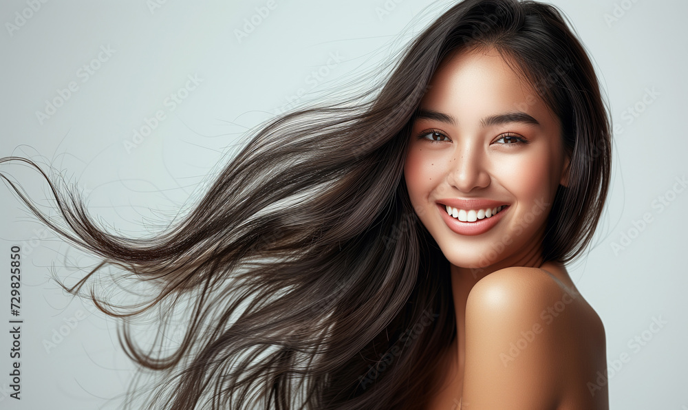 Portrait of a beautiful woman with a bright smile, hair is a beautiful black color, shampoo advertising concept Hair conditioner and cosmetic products,Generative AI Portrait of a beautiful woman with a bright smile, hair is a beautiful black color, shampoo advertising concept Hair conditioner and cosmetic products,Generative AI