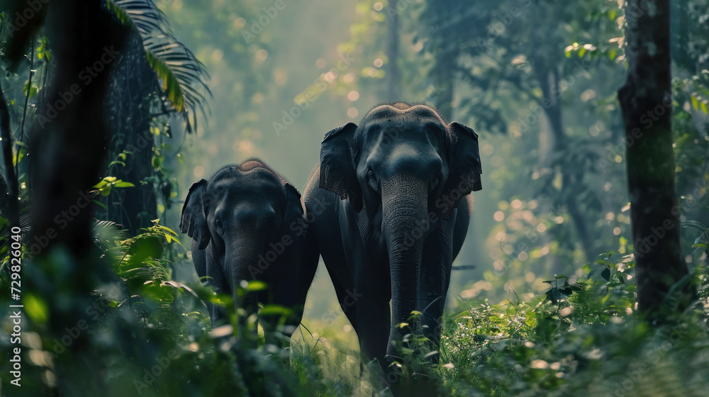 Fototapeta premium a couple of elephants walking through a forest filled with lush green plants and trees in front of a forest filled with lots of tall, green trees and leafy foliage.