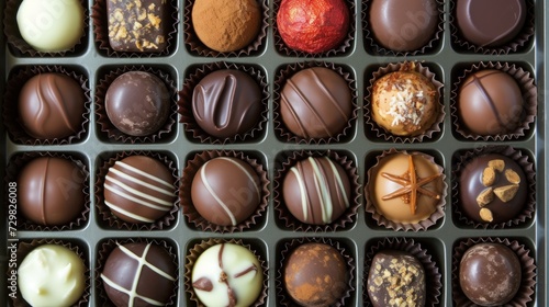  a box of chocolates with a variety of different types of chocolates in each of the chocolates on the side of the box are different types of chocolates. © Olga