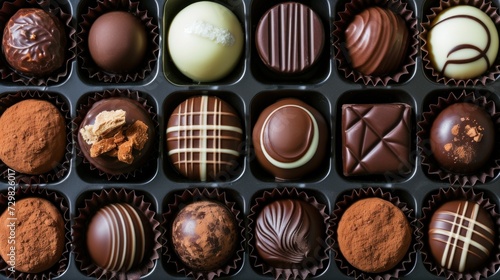  a box of assorted chocolates is shown in it's wrapper form, including one of the chocolates has a bite taken out of the chocolate. © Olga
