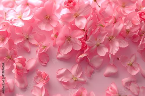 Top view pink cherry blossom on pastel pink background, Flat lay minimal fashion