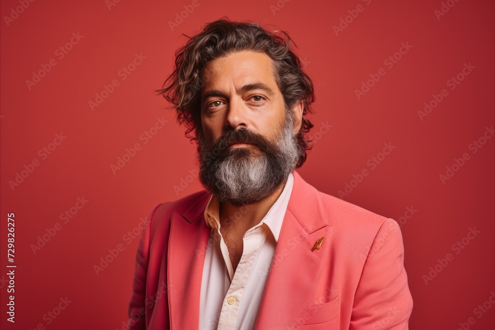 Portrait of a handsome bearded man in a pink suit on a red background. Portrait of a handsome bearded man in a pink suit on a red background.