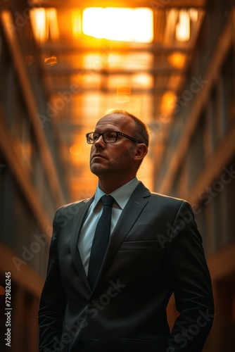 Portrait of a businessman in a dark suit and glasses.