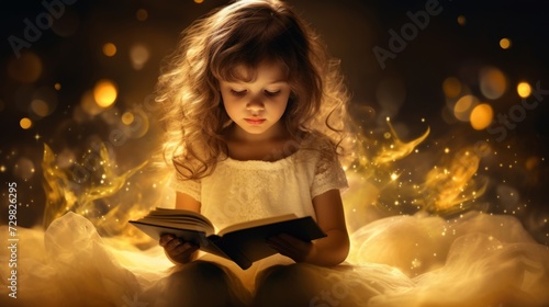 A small child sits in patch of bright sunlight reading a large book