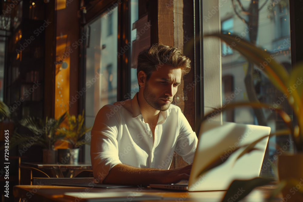 Café Contemplation: Handsome Young Man Deep in Thought with Laptop, Reflecting Intellect and Style amidst Café Ambiance Café Contemplation: Handsome Young Man Deep in Thought with Laptop, Reflecting Intellect and Style amidst Café Ambiance