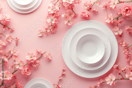 Top view white plates with pink sakura flower flowers on pastel pink background, Flat lay minimal