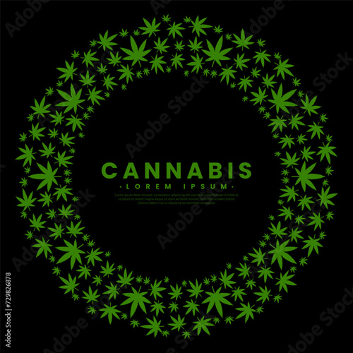 Circle frame with green cannabis leaf pattern. Marijuana round frame. Herb postcard concept.