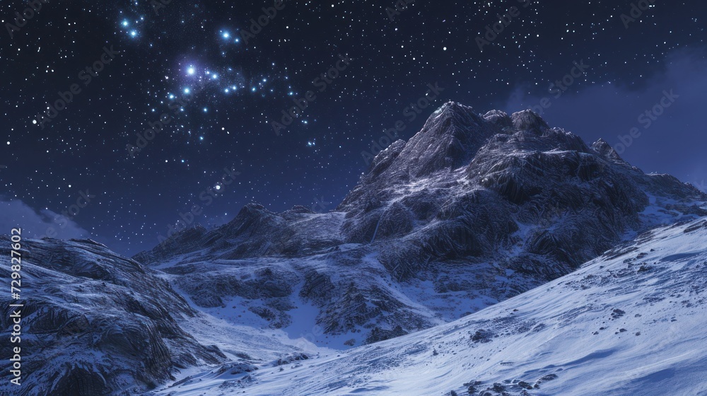 a snowy mountain covered in snow under a night sky with stars and a cluster of stars in the sky over the top of the mountain is a snow covered mountain. a snowy mountain covered in snow under a night sky with stars and a cluster of stars in the sky over the top of the mountain is a snow covered mountain.