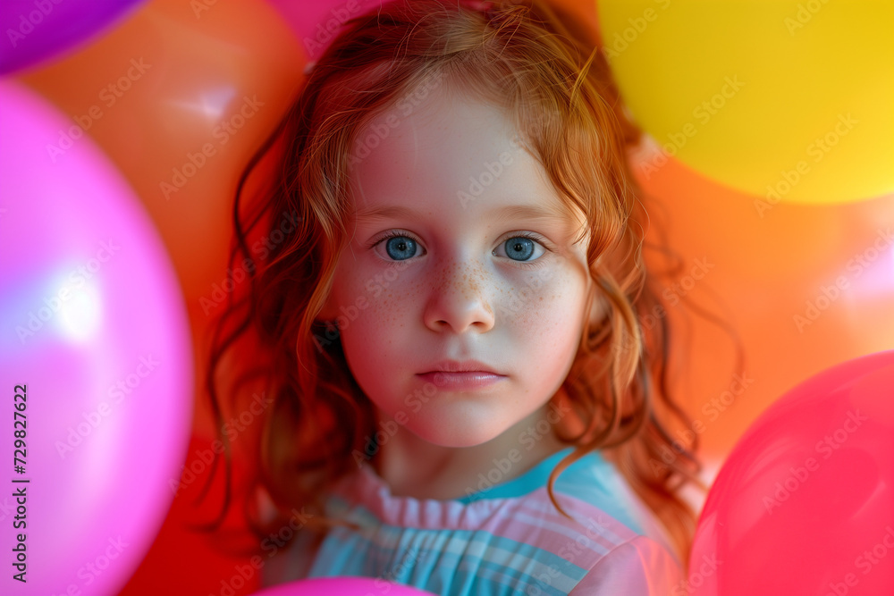 Radiant Red-Haired Girl Amidst Towering Balloons: Enchanting Child Immersed in a Sea of Color and Wonder Radiant Red-Haired Girl Amidst Towering Balloons: Enchanting Child Immersed in a Sea of Color and Wonder