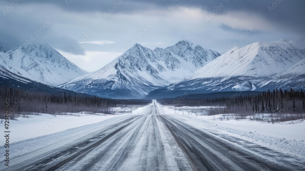 a snow covered road in the middle of a mountain range with snow on the ground and trees on both sides of the road and a mountain range in the distance. a snow covered road in the middle of a mountain range with snow on the ground and trees on both sides of the road and a mountain range in the distance.