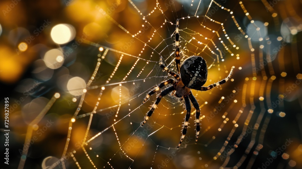 a close up of a spider's web with drops of dew on it's back and a blurry background of trees and yellow lights in the background. a close up of a spider's web with drops of dew on it's back and a blurry background of trees and yellow lights in the background.