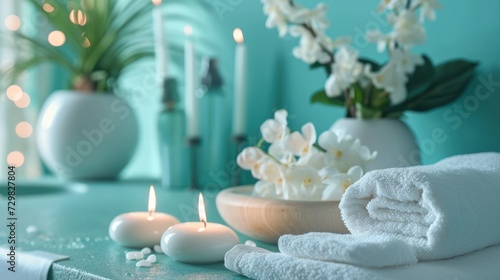  a close up of towels on a table with flowers in a vase and candles in a vase on the side of the table and a bowl of flowers on the other side of the table.