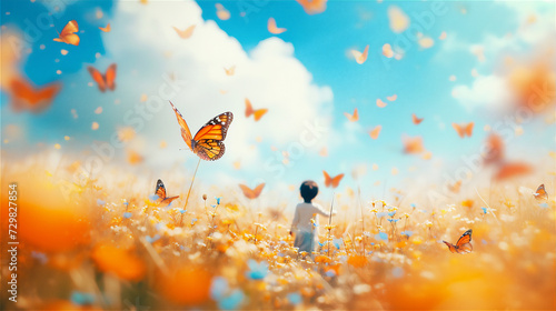 child girl playing with butterflies in the meadow