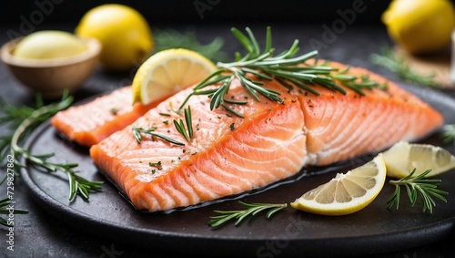 Tasty and fresh cooked salmon fish fillet with lemon and rosemary.