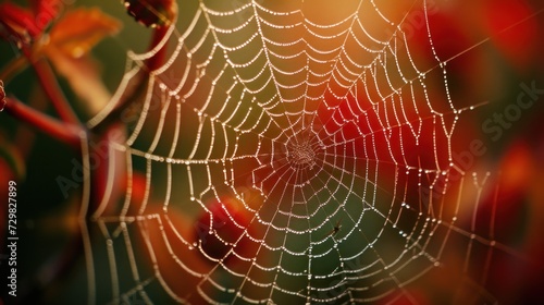  a close up of a spider web with drops of dew on the spider's web, with a blurry background of autumn leaves and a red rose bush in the foreground.