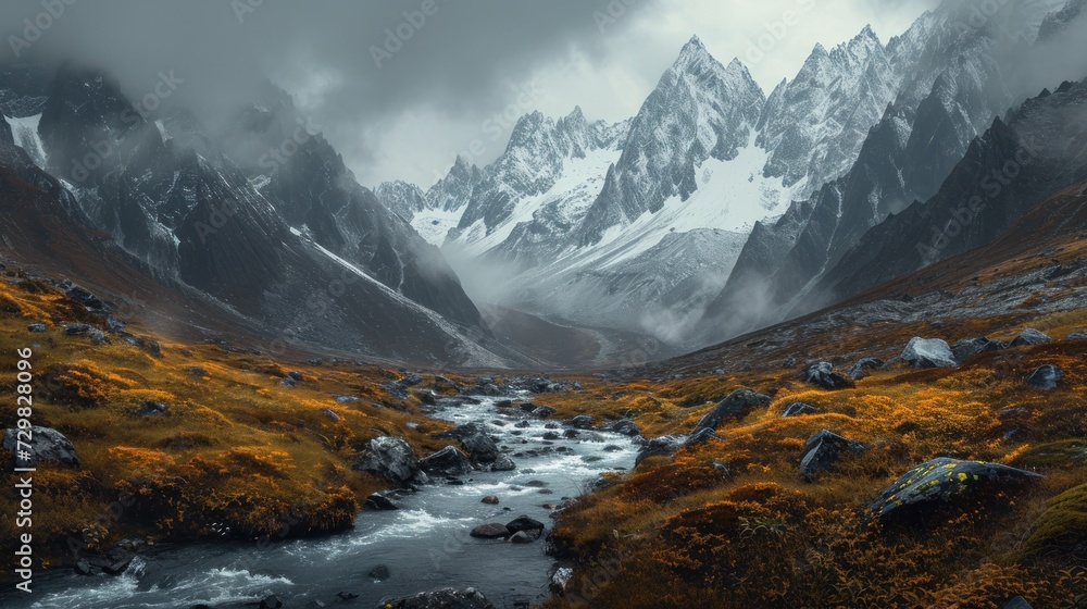  a stream running through a lush green valley surrounded by tall snow covered mountains in the distance, with grass and rocks in the foreground, under a cloudy sky.