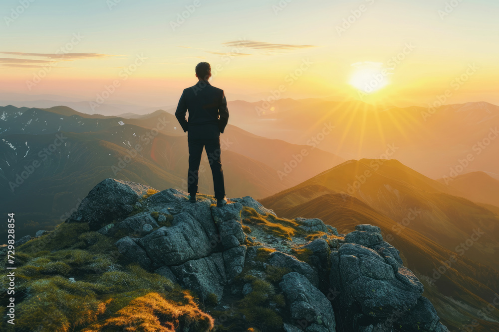 Businessman standing on the top of the mountain on sunrise