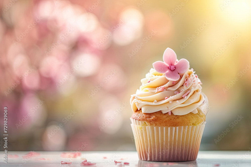 Cupcake on the table, spring background with blooming flowers Cupcake on the table, spring background with blooming flowers
