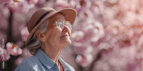 Lonely senior woman enjoying warm spring on background of blooming cherry trees
