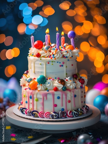 Best ever birthday cake with lots of decor, isolated on festive blurred background, photorealistic, professional studio photo