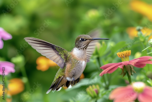 The moment when hummingbirds gracefully dance among flowers. The collaboration with beautiful flowers expresses harmony in nature.