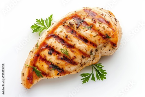 Top view of a grilled chicken breast with parsley isolated on white background