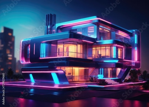 Hyper-Detailed Haven Futuristic House with Night Scene and Neon Glow
