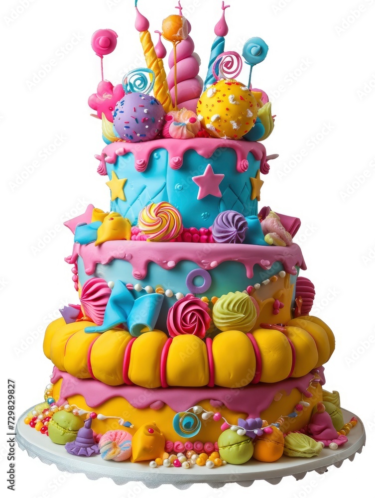 delicious, large birthday cake for a child's birthday, bright colors, lots of decor, isolated on a white background