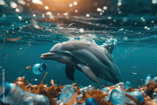 A dolphin gracefully swims through a sea overwhelmed by a multitude of plastic bottles. Ecological global problem: plastic pollution of the ecosystem photo