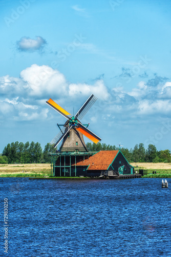 Rural landscape with windmill in Zaanse Schans. Holland, Netherlands