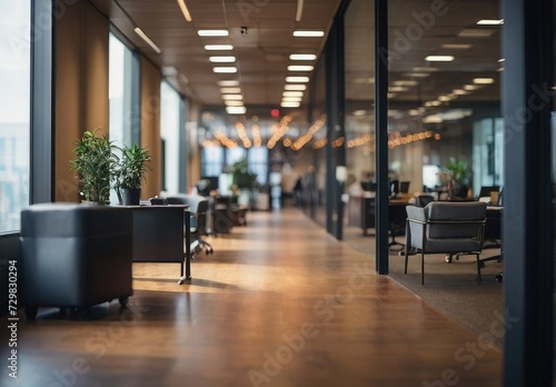Sleek Contemporary Modern Glass Office Blurry View with employ People Working in Office Space with chairs tables and equipment s Created with AI Technology