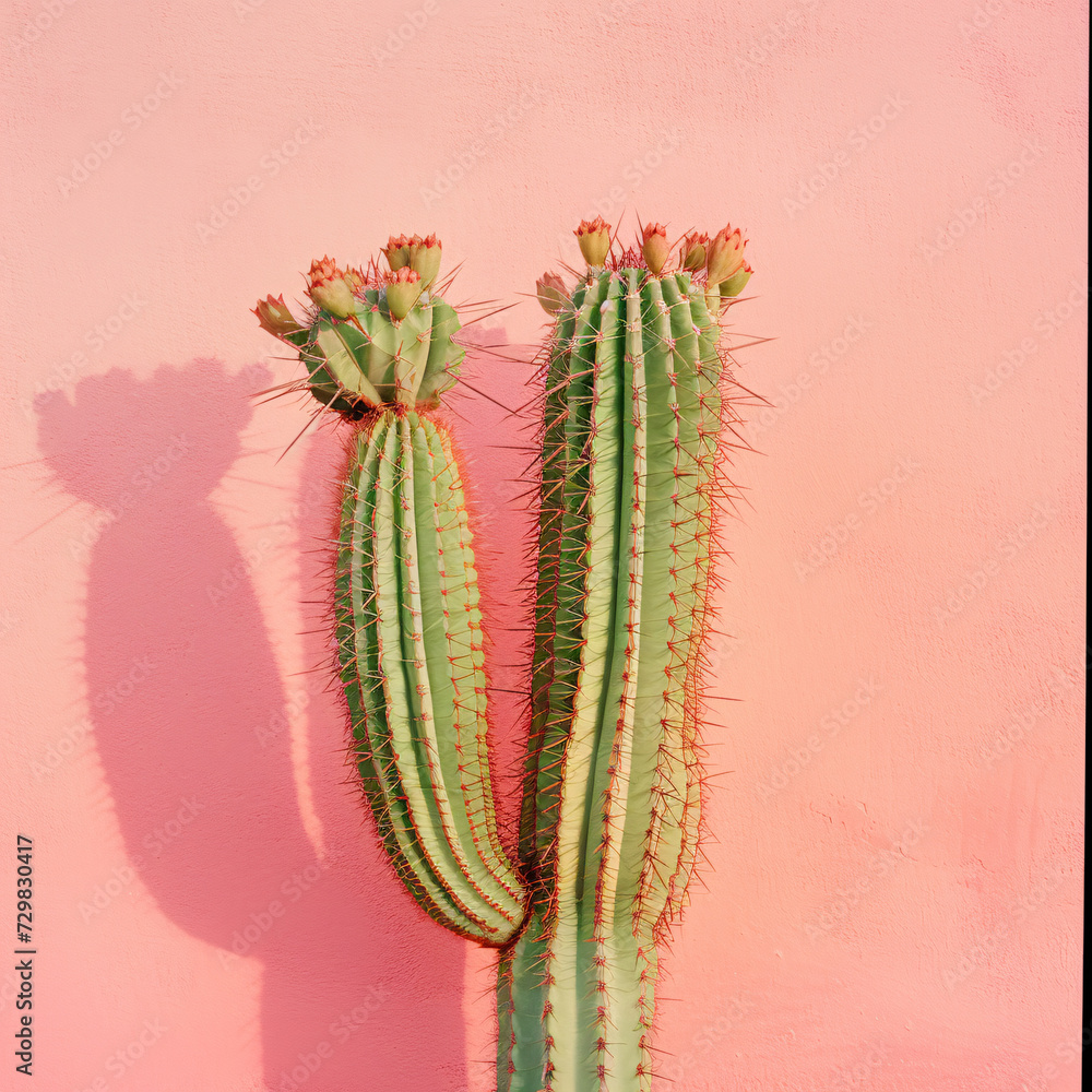 Naklejka premium Vibrant Green Cacti Against a Soft Pink Background - High-Quality, Royalty-Free Stock Image Perfect for Wall Art, Decor, and Design Projects