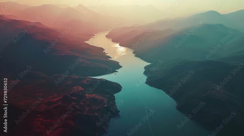 Fototapeta premium an aerial view of a body of water surrounded by mountains and a valley with a river running through it in the middle of the middle of the middle of the picture.