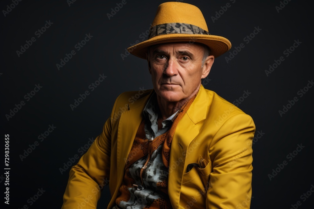 Portrait of a senior man in a yellow jacket and hat.