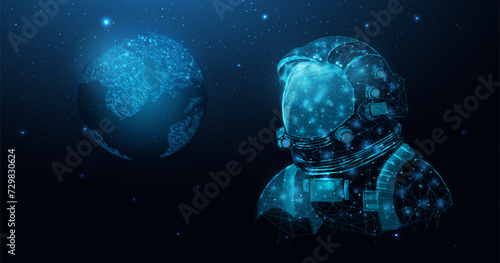 Wireframe astronaut in space galaxy close up. Futuristic polygonal cosmonaut helmet, space tourism concept. Starry abstract background with glowing human. Vector illustration