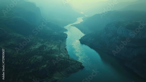  an aerial view of a river in a valley with mountains in the background and a foggy sky over the valley and the river in the foreground is a river running through the valley.