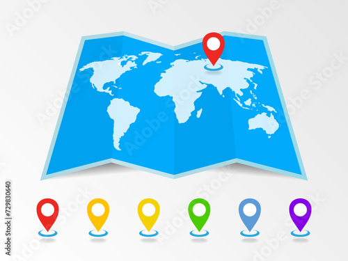 3D Folded map of the world with a red location pin mark. Vector of  fold paper world map with GPS Navigation Globe Map 3D positioning, cartography, navigation. Vector.