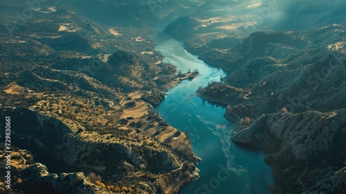  an aerial view of a river running through a mountain range in the middle of a valley with lots of trees and bushes on both sides of the riverbanks.