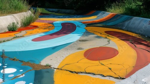 Colorful painted shapes on cracked ground.