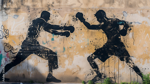 Graffiti of boxers fighting on a damaged wall.
