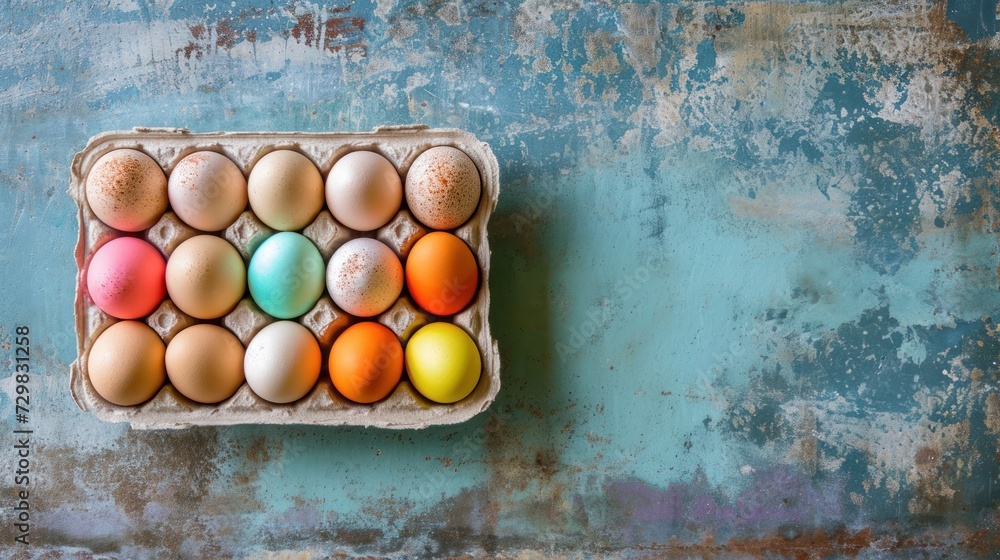 a carton of colored eggs sitting on top of a blue and green wall with peeling paint on the side of the carton and a few eggs in the carton sitting on top of the carton. a carton of colored eggs sitting on top of a blue and green wall with peeling paint on the side of the carton and a few eggs in the carton sitting on top of the carton.