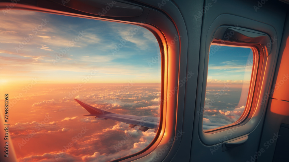 Sunset Glow Around Airplane Window with Wing Over Clouds