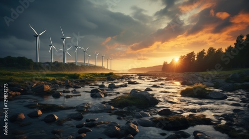 Sunset at Coastal Wind Farm with Rocky Shoreline