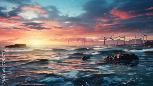 Sunset at Coastal Wind Farm with Rocky Shoreline