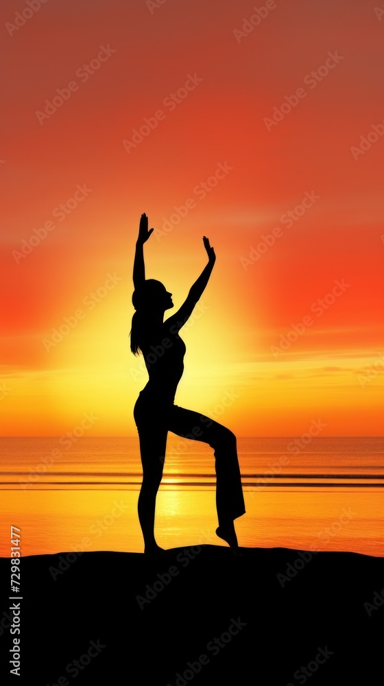 Silhouette of Woman Practicing Yoga at Sunset