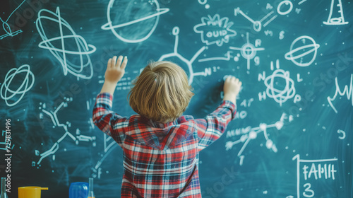 Child drawing space concepts on a chalkboard.