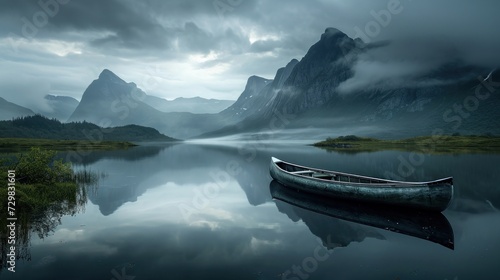  a boat floating on top of a lake next to a lush green forest covered hillside under a cloudy sky with a mountain range in the distance and a body of water in the foreground.