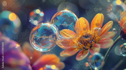  a close up of a flower with bubbles in the foreground and a blurry image of a flower in the background in the foreground, with a blurry background.