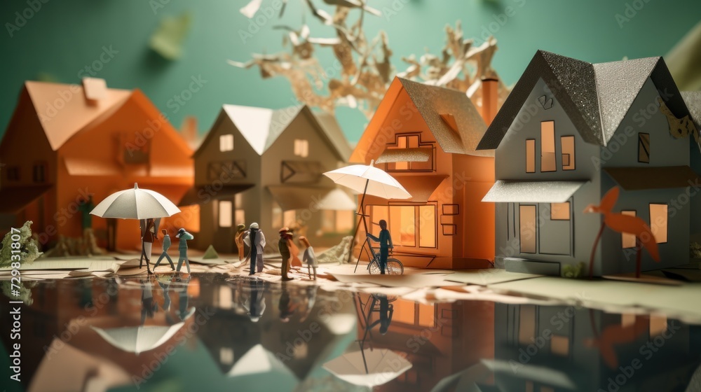 Miniature Paper Neighborhood with Walking Figures